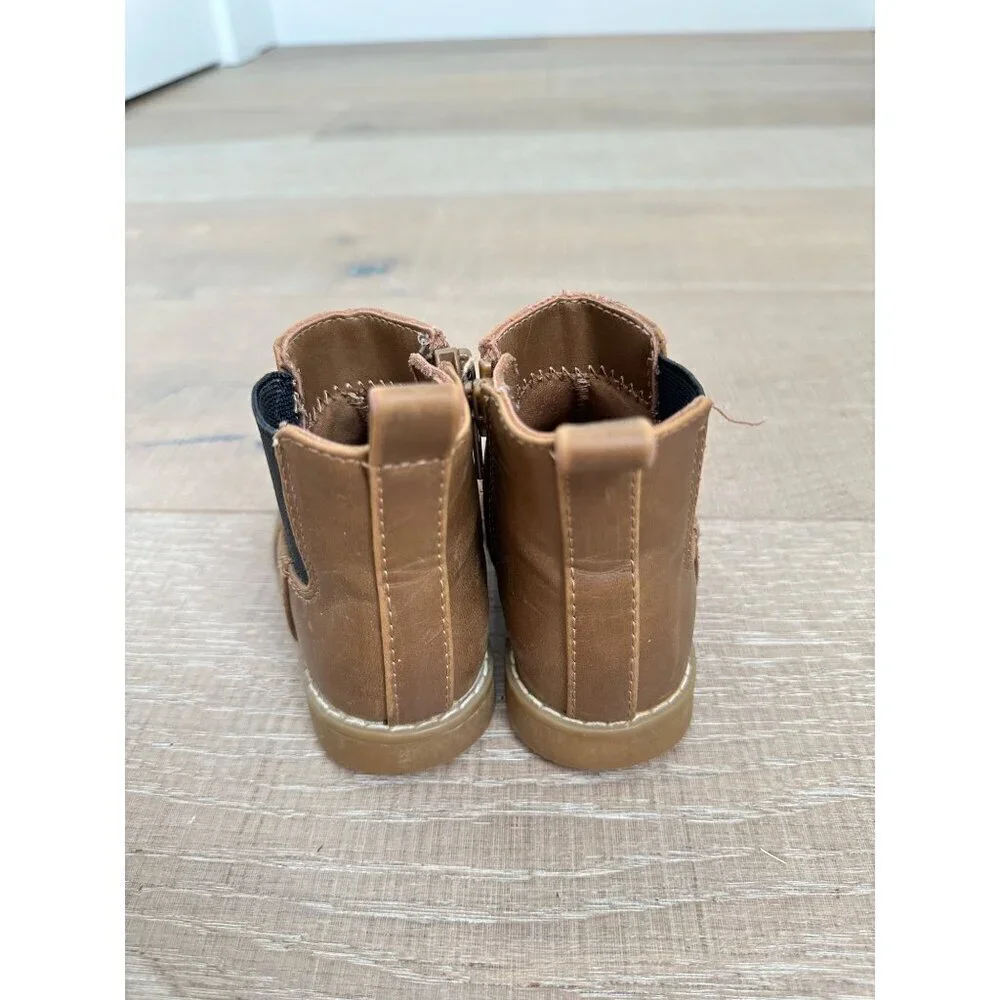 Toddler Brown Faux Leather Ankle Boots With Side Zipper & Pull Tabs Size 6